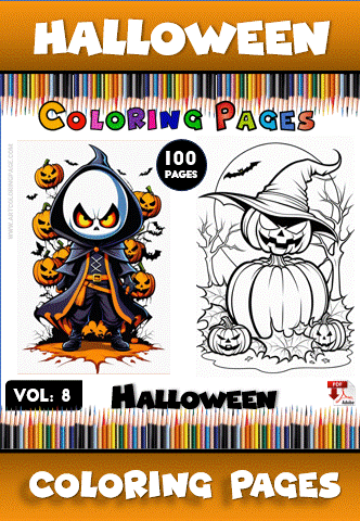 Halloween coloring pages featuring a cloaked figure and a carved pumpkin, perfect for a cozy coloring book experience from artcoloringpage.com.
