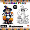 Two Halloween-themed coloring pages featuring a witch with pumpkins and a girl in a witch outfit, showcasing artcoloringpage.com offerings.