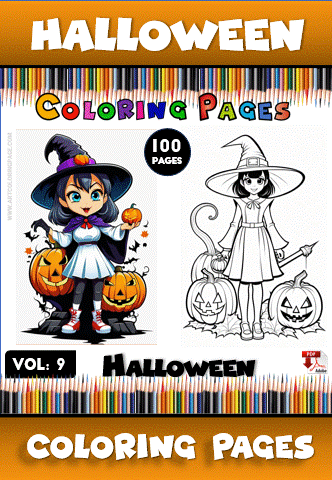 Two Halloween-themed coloring pages featuring a witch with pumpkins and a girl in a witch outfit, showcasing artcoloringpage.com offerings.