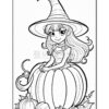 A cute girl in a witch hat sits on a large pumpkin surrounded by smaller pumpkins and leaves.