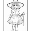A young girl dressed as a witch, wearing a pointed hat and holding a small pumpkin on a stick, in a playful pose.