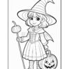 A young girl dressed as a witch, wearing a pointed hat, holding a pumpkin and standing next to a jack-o'-lantern.