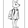 A cartoon fox character wearing a school outfit and backpack, standing with a friendly expression.