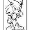 Sonic the Hedgehog stands confidently with a clenched fist, showcasing his iconic spiky blue hair and red sneakers.