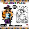 A split image featuring a witch and a girl in a Halloween setting, with coloring page designs and decorative borders.