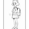 A cartoon character with animal features, wearing a school outfit and backpack, stands smiling.