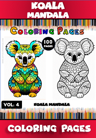 Coloring page featuring two koala mandalas in a colorful design and a black and white version, promoting artcoloringpage.com and mandala coloring book.
