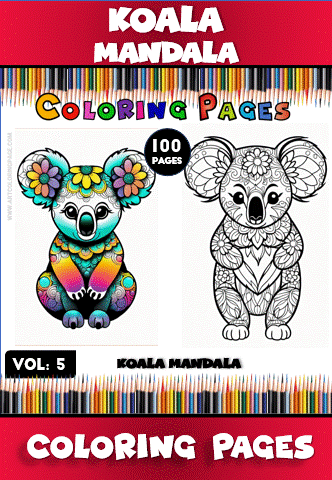 Colorful koala mandala coloring pages from the Mandala coloring book, featuring intricate designs for artcoloringpage.com.