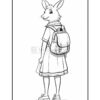 A cartoon rabbit wearing a school dress and backpack, looking back and holding a notebook.