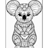 A detailed black and white coloring page featuring a koala adorned with intricate floral patterns.