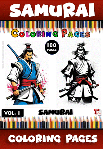 Samurai coloring pages featuring two distinct designs, part of a 100-page free coloring book at artcoloringpage.com.