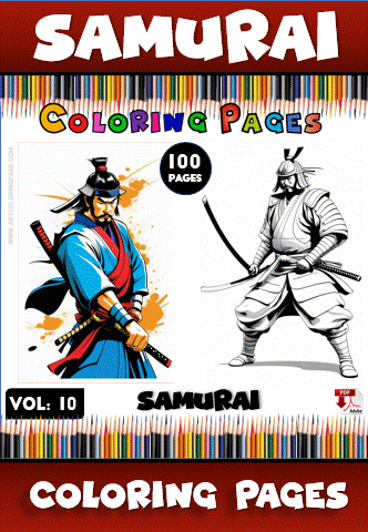 Samurai-themed coloring book cover featuring two samurai illustrations, promoting free coloring pages from artcoloringpage.com.