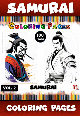 Samurai coloring pages featuring two different samurai characters, promoting a free coloring book from artcoloringpage.com.