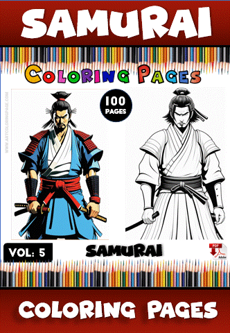 Samurai coloring pages featuring two designs, part of a free coloring book with 100 pages, available at artcoloringpage.com.