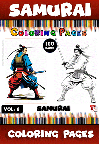 Samurai coloring pages featuring two distinct samurai characters with colorful backgrounds, highlighting artcoloringpage.com and its free coloring pages.