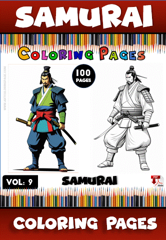 Samurai coloring pages featuring two distinct samurai characters, part of a coloring book with 100 pages from artcoloringpage.com.