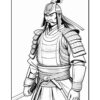 A samurai warrior dressed in traditional armor, holding a katana, with a serious expression and a distinctive plume on his helmet.