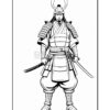 A samurai warrior in traditional armor, wielding two swords, standing confidently with a serious expression.