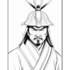 A samurai wearing traditional armor and a helmet, with a serious expression and a detailed topknot hairstyle.