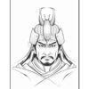 A warrior with a fierce expression, wearing ornate headgear and traditional armor, suitable for coloring.