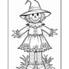 A cheerful scarecrow wearing a large hat and a dress, standing among flowers and grass.