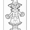 A cheerful scarecrow with a pumpkin head, wearing a hat and colorful clothing, holding two sunflowers.