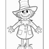 A cheerful scarecrow with a wide-brimmed hat, buttoned coat, and a friendly smile, standing among leafy plants.