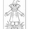 A smiling scarecrow with a straw hat, colorful buttons, and a friendly expression stands among green grass.