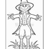 A cheerful scarecrow with a wide-brimmed hat, button eyes, and a stitched smile stands among grass, ready for coloring.