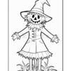 A scarecrow with a pumpkin head, wearing a large hat and a coat, standing amidst grass.