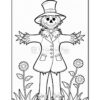 A scarecrow wearing a top hat and a coat stands among flowers and grass in a coloring page outline.