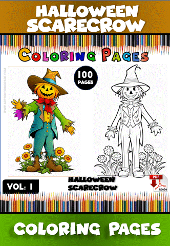 Coloring page featuring a Halloween scarecrow design; includes both colored and outlined versions, ideal for cozy coloring book fans at artcoloringpage.com.