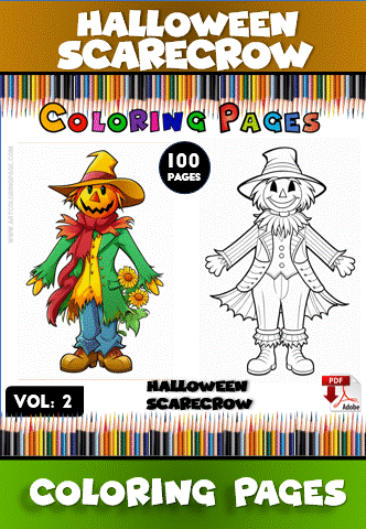 Halloween scarecrow coloring page featuring a colorful scarecrow design alongside a black and white outline, suitable for a cozy coloring book. Visit artcoloringpage.com for more cozy coloring pages.