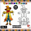 Scarecrow coloring page featuring a cheerful character with a straw hat and autumn leaves, from artcoloringpage.com cozy coloring book.