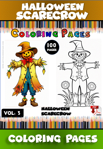 Scarecrow coloring page featuring a cheerful character with a straw hat and autumn leaves, from artcoloringpage.com cozy coloring book.