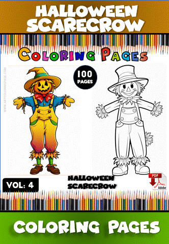 Coloring page featuring a cheerful Halloween scarecrow with vibrant colors, part of a cozy coloring book from artcoloringpage.com.