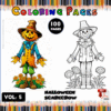A Halloween scarecrow with a pumpkin head and a friendly smile, surrounded by flowers, alongside a blank outline for coloring.