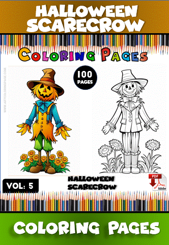 A Halloween scarecrow with a pumpkin head and a friendly smile, surrounded by flowers, alongside a blank outline for coloring.