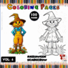 A colorful Halloween scarecrow alongside a black and white version for coloring, promoting cozy coloring pages from artcoloringpage.com.