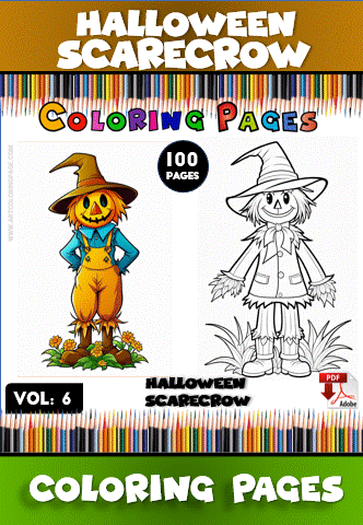 A colorful Halloween scarecrow alongside a black and white version for coloring, promoting cozy coloring pages from artcoloringpage.com.