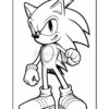 Sonic the Hedgehog poses confidently with a clenched fist, showcasing his signature spiky blue appearance and red sneakers.