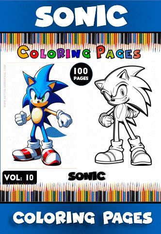 Sonic character featured on a coloring page, part of a cozy coloring book, promoting artcoloringpage.com with 100 pages of cozy coloring pages.