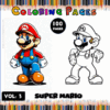 Super Mario coloring pages featuring a colorful Mario character and a black-and-white outline version, promoting cozy coloring book fun.