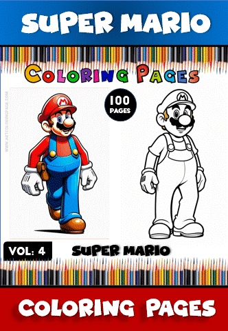 Super Mario coloring pages featuring a colorful illustration alongside a black-and-white outline, perfect for a cozy coloring book.
