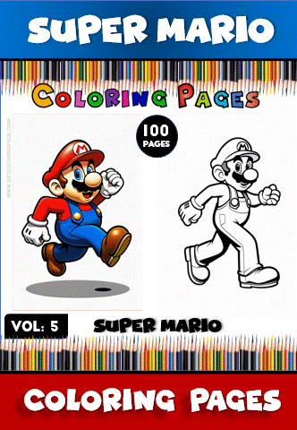 Coloring page featuring Super Mario in color and outline versions, promoting artcoloringpage.com's cozy coloring book and pages.