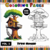 Coloring page featuring a tree house illustration, promoting a coloring book with 100 pages available at artcoloringpage.com.