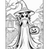 A young witch holding a pumpkin and a wand, standing in a whimsical village with a moonlit sky and trees.