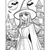 A witch in a long cloak and pointed hat holds a pumpkin in front of a haunted house and bats flying in the night sky.