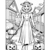 A girl in a hat and a long dress walks between houses, surrounded by pumpkins, with a cheerful expression.