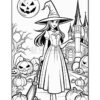 A witch in a long dress and pointed hat stands in front of a castle, surrounded by pumpkins and a spooky moon.